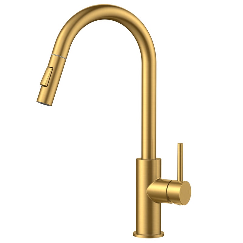 FORIOUS Gold Kitchen Faucet with Pull Down Sprayer, Brushed Brass High Arc Gooseneck Modern Sink Faucet with CUPC Ceramic Cartridge, Single Handle Stainless Steel and Deck Plate - Image 1